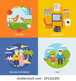 Pensioners life design concept set with retirement  entertainment and travel flat icons isolated vector illustration