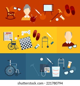 Pensioners life elderly care flat banners set isolated vector illustration