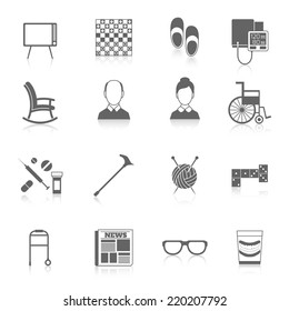 Pensioners life elderly care icons black set isolated vector illustration