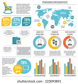 Pensioners life elderly care infographic set with charts and world map vector illustration