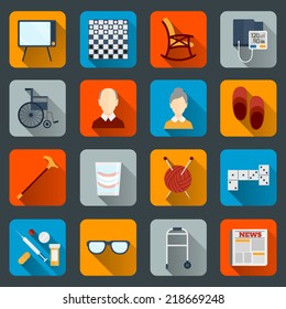 Pensioners life flat icons set of tv checkers rocking chair isolated vector illustration