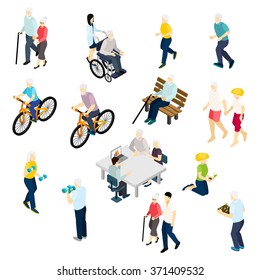 Pensioners life isometric set with health and activity symbols isolated vector illustration 