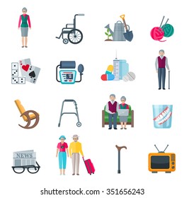 Pensioners lifestyle flat color icons set with knitting tv walkers tonometer wheelchair slippers newspaper isolated vector illustration    