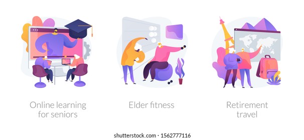 Pensioners lifestyle flat icons set. Grandparents couple planning trip. Online learning for seniors, elder fitness, retirement travel metaphors. Vector isolated concept metaphor illustrations.
