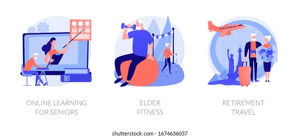 Pensioners lifestyle flat icons set. Grandparents couple planning trip. Online learning for seniors, elder fitness, retirement travel metaphors. Vector isolated concept metaphor illustrations.