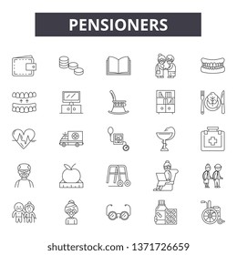 Pensioners line icons, signs set, vector. Pensioners outline concept, illustration: pension,retirement,money,finance,design