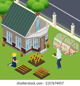 Pensioners near own home during work in garden isometric vector illustration
