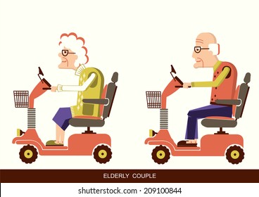 Pensioners Old Man And Old Woman Drive Mobility Scooters. Vector Illustration Isolated 