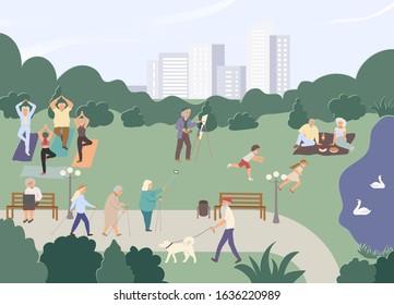 Pensioners, old women, men practise yoga, do nordic walking, selfie, go with dog, have picnic near lake, pond with swans, paint landscape, spend time with grandchild, work at laptop. Vector cartoon.