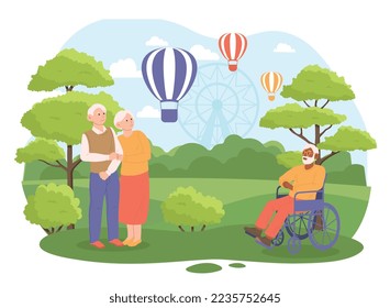 Pensioners pastime concept. Grandparents walking in park and looking at flying balloons. Rest and retirement. Elderly couple and grandfather on wheelchair outdoor. Cartoon flat vector illustration