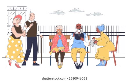 Pensioners pastime outdoors. Elderly men and women sitting on bench outdoors. Active lifestyle, hobby and leisure. Recreation for old people. Linear vector illustration