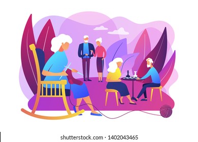 Pensioners Pastime At Senior Home. Aged Couple Playing Chess. Activities For Seniors, Elderly Active Lifestyle, Older People Time Spending Concept. Bright Vibrant Violet Vector Isolated Illustration