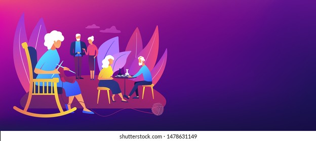 Pensioners pastime at senior home. Aged couple playing chess. Activities for seniors, elderly active lifestyle, older people time spending concept. Header or footer banner template with copy space.