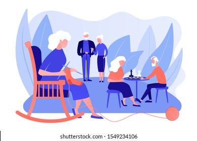 Pensioners pastime at senior home. Aged couple playing chess. Activities for seniors, elderly active lifestyle, older people time spending concept. Pinkish coral bluevector isolated illustration