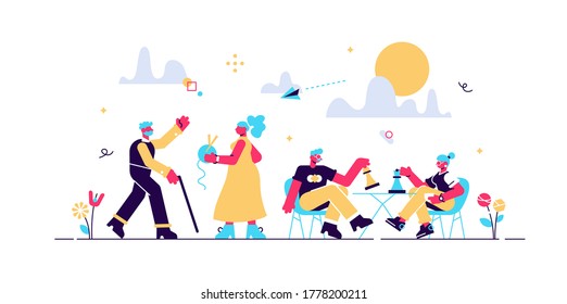 Pensioners pastime at senior home. Aged couple playing chess. Activities for seniors, elderly active lifestyle, older people time spending concept. Bright vibrant violet vector isolated illustration