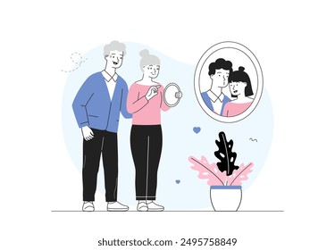 Pensioners with photo from youth. Older man and woman look at photograph from their youth. Memories and nostalgia. Grandmother and grandfather look at wedding photo. Linear vector illustration