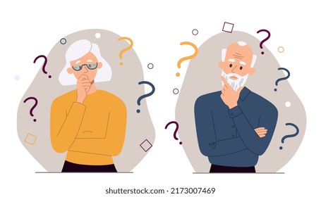 Los pensionistas en el dilema. Abuelos buscando respuestas a preguntas. Ancianos con demencia, alzheimers, amnesia y otros problemas de memoria y cerebro. Dibujo vectorial plano de dibujos animados