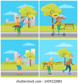 Pensioners relaxing and having fun together vector, people taking selfie and using scooter, woman with soap bubbles, rolling grandmother and grandfather