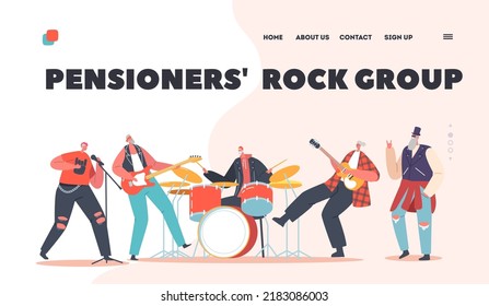 Plantilla de la página de aterrizaje del grupo de rock de los pensionistas. Banda Senior realiza un concierto con Guitars y Drum eléctricos. Caracteres de artistas antiguos en conjunto de rocas con instrumentos. Ilustración de vectores de personas de caricatura