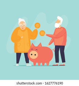 Pensioners save money for old age. Flat design vector illustration.