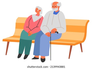 Pensioners sitting on a bench in park, isolated man and woman senior personages resting and relaxing outdoors. Man and woman, married couple talking. Elderly characters, vector in flat style