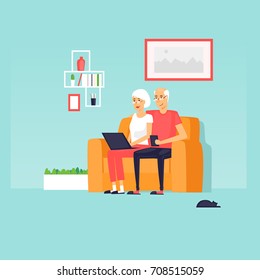 Pensioners are sitting on the Internet. Flat design vector illustration.