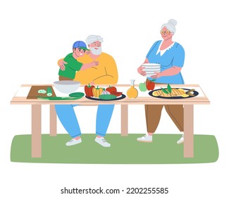 Сouple of pensioners with a small grandson at the table. Grandfather with a boy at the table. Grandma sets the table. Flat vector illustration. Eps10