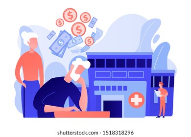 Pensioners social security. Healthcare expenses of retirees, supplemental health insurance plan, the biggest retirement expenses concept. Pink coral blue vector isolated illustration