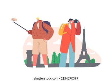 Pensioners Travelers, Senior Tourist Characters Watching Sightseeing and Making Pictures or Selfie in Trip. Elderly People Traveling with Photo Camera in Foreign Country. Cartoon Vector Illustration