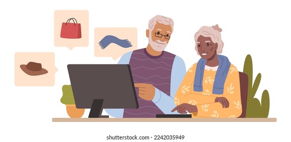 Pensionistas que usan tecnologías y aparatos modernos. Personas mayores comprando ropa y accesorios en línea en Internet, ordenen por computadora portátil. Vector de carácter de caricatura plana