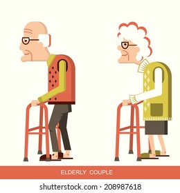 pensioners with walking sticks. Vector illustration old people isolated 