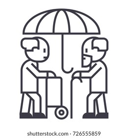 pensions, protection,long term care vector line icon, sign, illustration on background, editable strokes