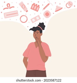 Pensive african woman choosing contraception method. Thoughtful dark skin female person thinking about contraceptives. Concept of safe sex and birth control. Vector flat illustration.
