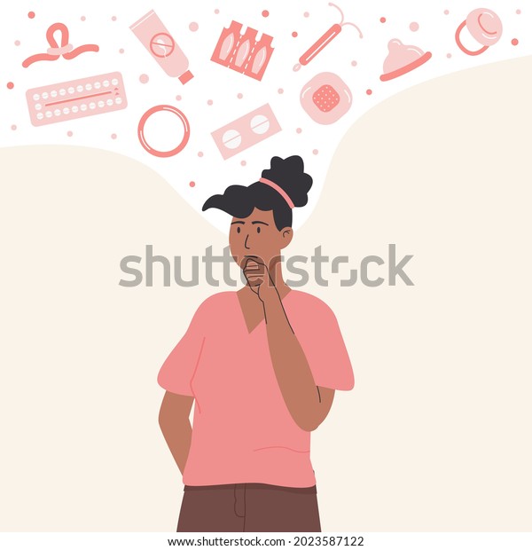 Pensive\
african woman choosing contraception method. Thoughtful dark skin\
female person thinking about contraceptives. Concept of safe sex\
and birth control. Vector flat\
illustration.