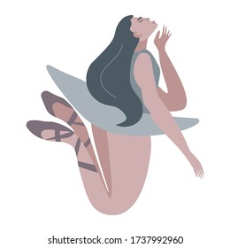 pensive ballerina in a jump.  vector hyperbolic girl in flat style. romantic woman dance in tutu and pointe shoes