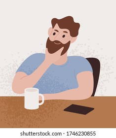 Pensive bearded guy sitting at table with thoughtful face expression vector flat illustration. Male portrait thinking solving problem or dreaming isolated on white. Man think about something