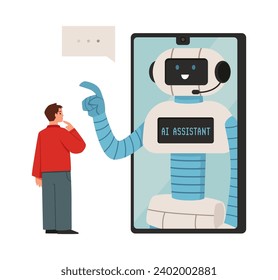 Pensive boy watching on huge mobile phone screen with speaking robot AI assistant flat style, vector illustration isolated on white background. Decorative design element, technologies