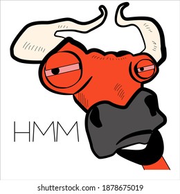 Pensive bull on a white isolate. A sticker with a suspect animal. Vector illustration for stickers, logos, and icons.