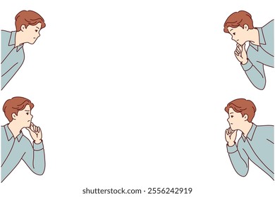 Pensive business man scratches chin and makes difficult decision, peeks out from different corners of empty banner. Copy space near office employee or businessman who needs hint to decision situation