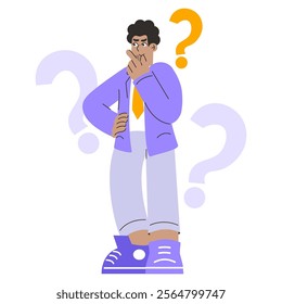 Pensive businessman concept. A male professional in a suit stands pondering amidst question marks. Decision-making and problem-solving in business. Vector illustration.