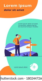 Pensive businessman making decision. Man in office suit standing at road direction signs. Vector illustration for opportunity, solution, idea concept