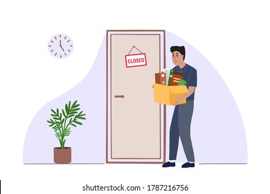 Pensive businessman or manager standing in front of a closed door. A man with a box of stuff in a business suit. Man in confusion. Cartoon flat vector illustration in modern style.