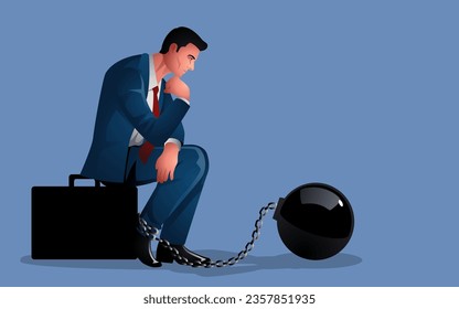 Pensive businessman seated upon a briefcase, shackled by the weight of an iron ball. Symbolizes the challenges, burdens, and limitations faced in the corporate arena