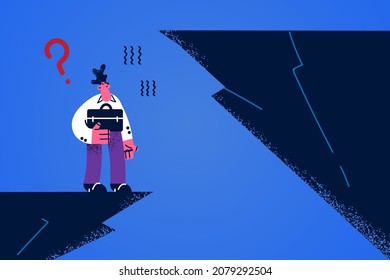 Pensive businessman stand on edge or rock think of making next step to new career level. Thoughtful employee consider risk and danger of business deal. Challenge and obstacle. Vector illustration. 