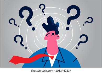 Pensive businessman surrounded by question mark feel confused and frustrated. Male employee or worker think of problem solution, find business idea answer. Trouble solving. Vector illustration. 