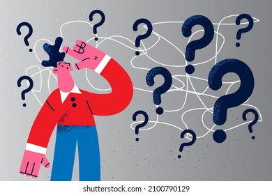 Pensive businessmen with question marks brainstorm think of problem solution. Frustrated man feel confused with dilemma, solve trouble or make choice decision. Flat vector illustration. 