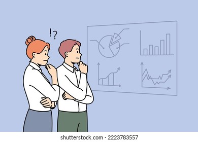 Pensive businesspeople look at board brainstorming on financial ideas. Thoughtful employees cooperate together engaged in team thinking. Teamwork. Vector illustration. 