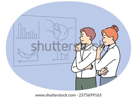 Pensive businesspeople look at board brainstorming on financial ideas. Thoughtful employees cooperate together engaged in team thinking. Teamwork. Vector illustration.