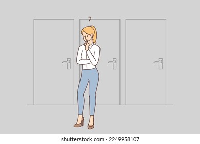 Pensive businesswoman stand near doors think which way to take. Confused female employee feel frustrated making choice or career decision. Dilemma. Vector illustration. 