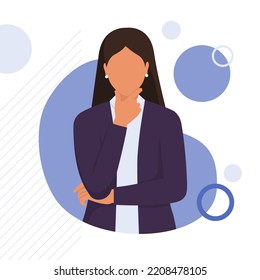 Pensive businesswoman thinking with hand on chin, solution and opportunity concept, social media template post with copy space, white background